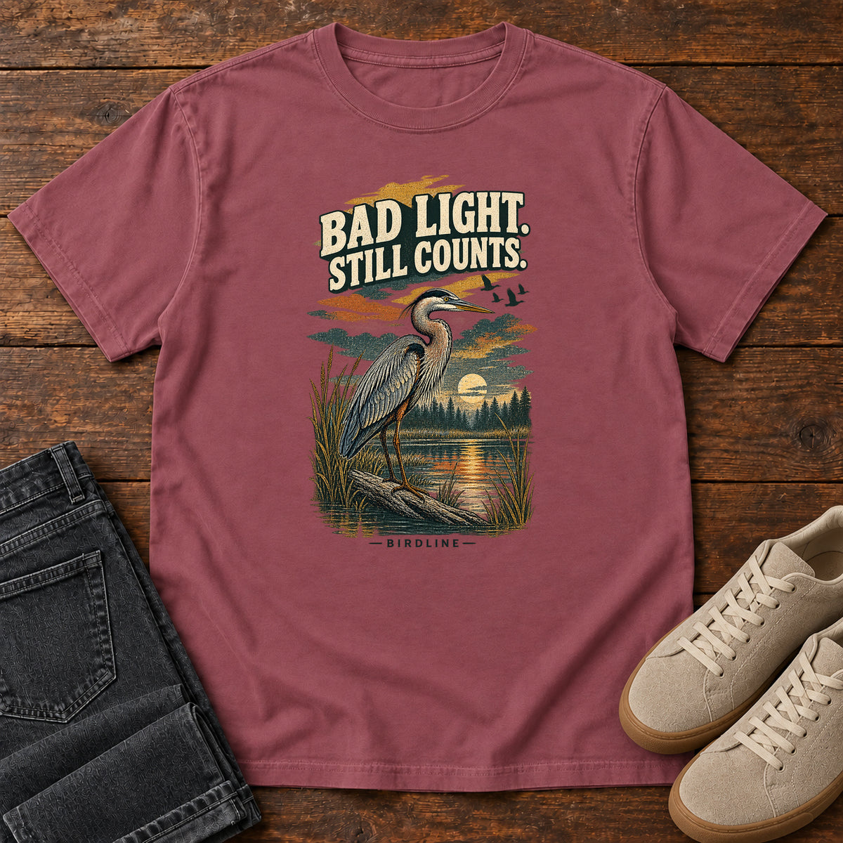Bad Light Still Counts Heron T-Shirt in Brick