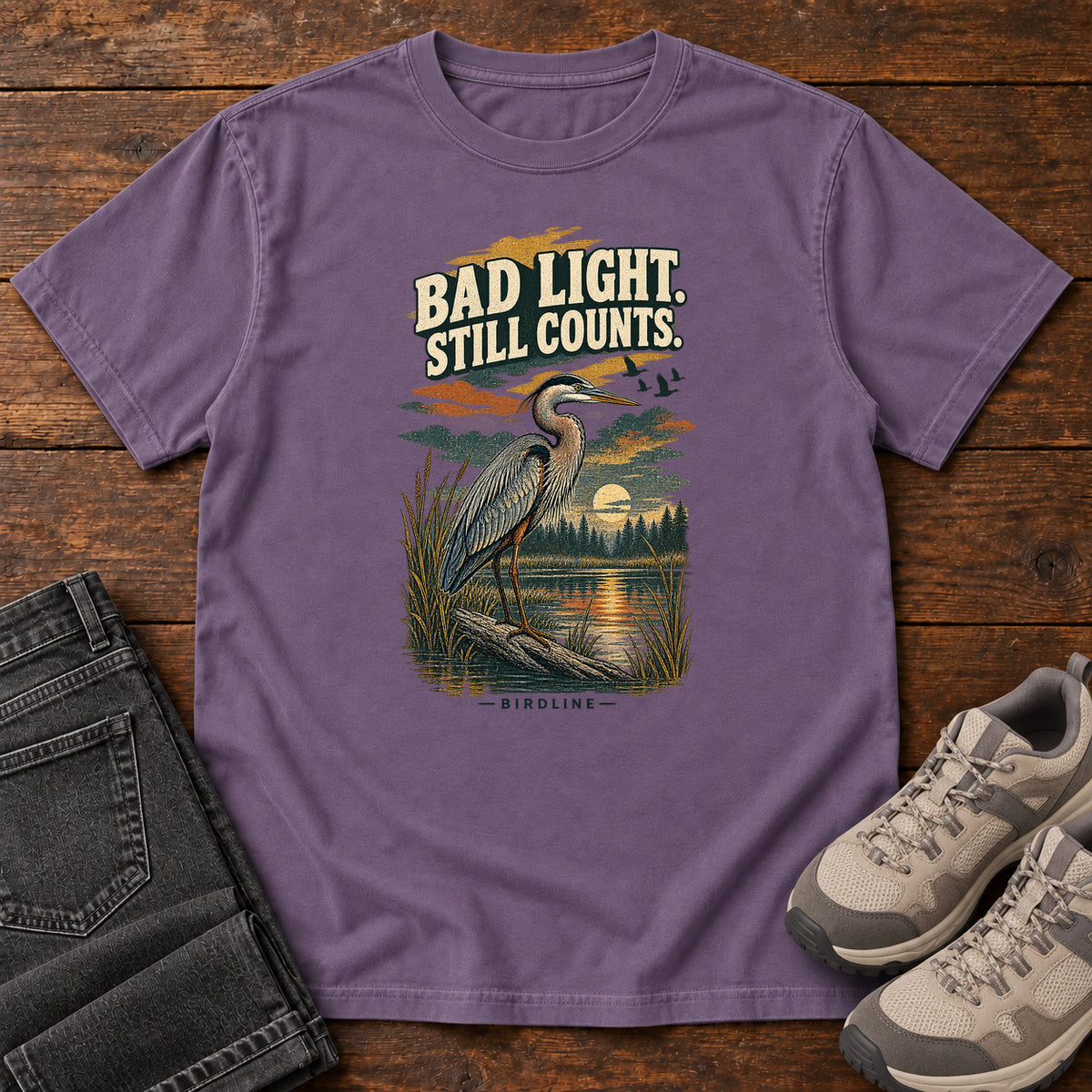 Bad Light Still Counts Heron T-Shirt in Grape
