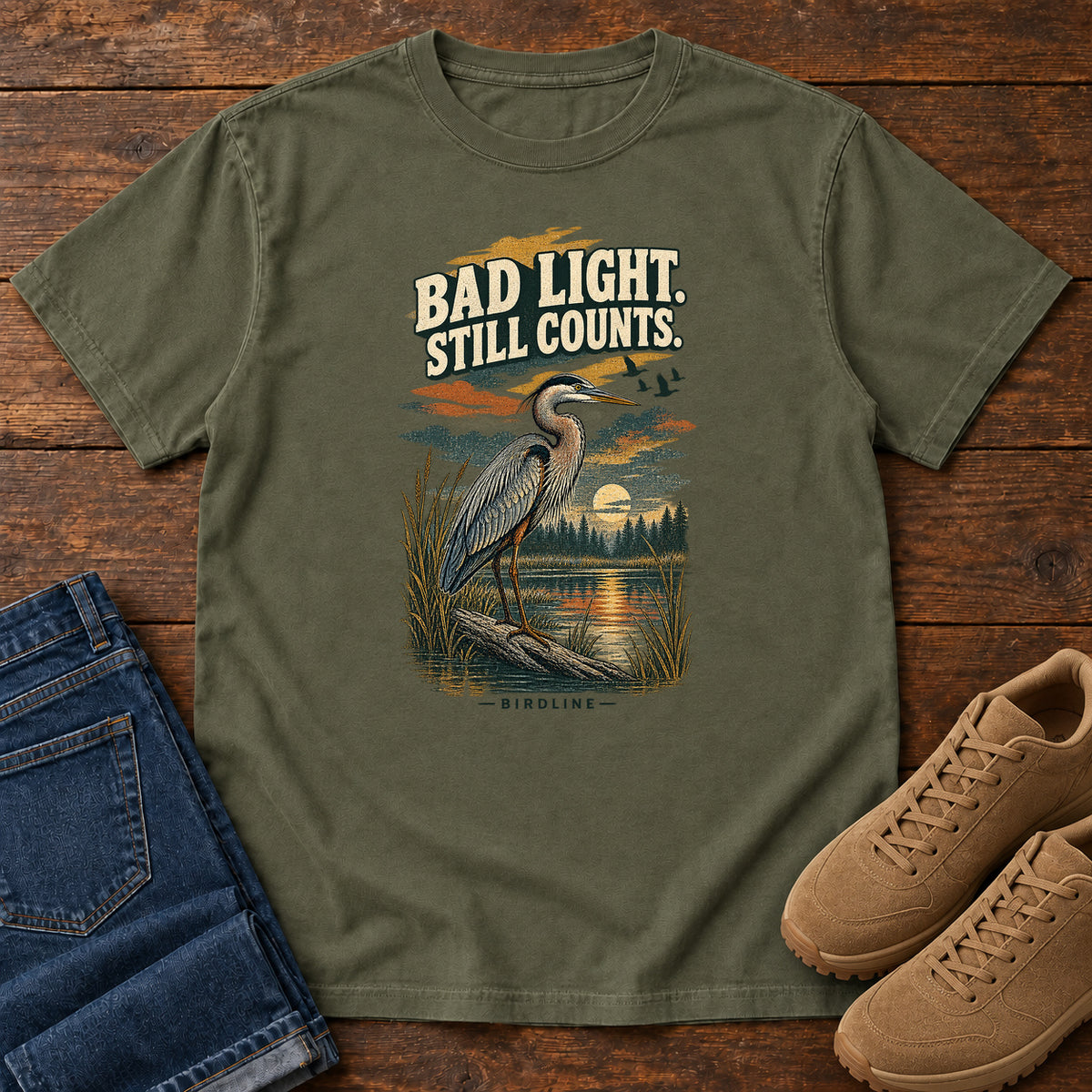 Bad Light Still Counts Heron T-Shirt in Sage