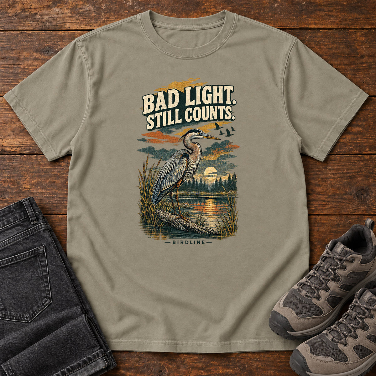 Bad Light Still Counts Heron T-Shirt in Sandstone