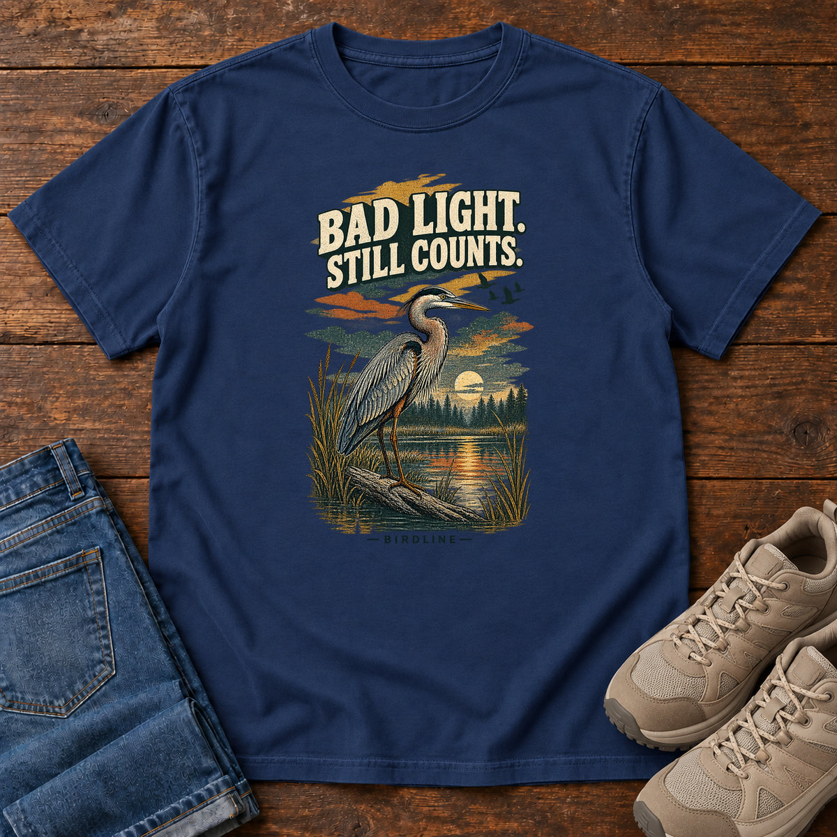 Bad Light Still Counts Heron T-Shirt in True Navy