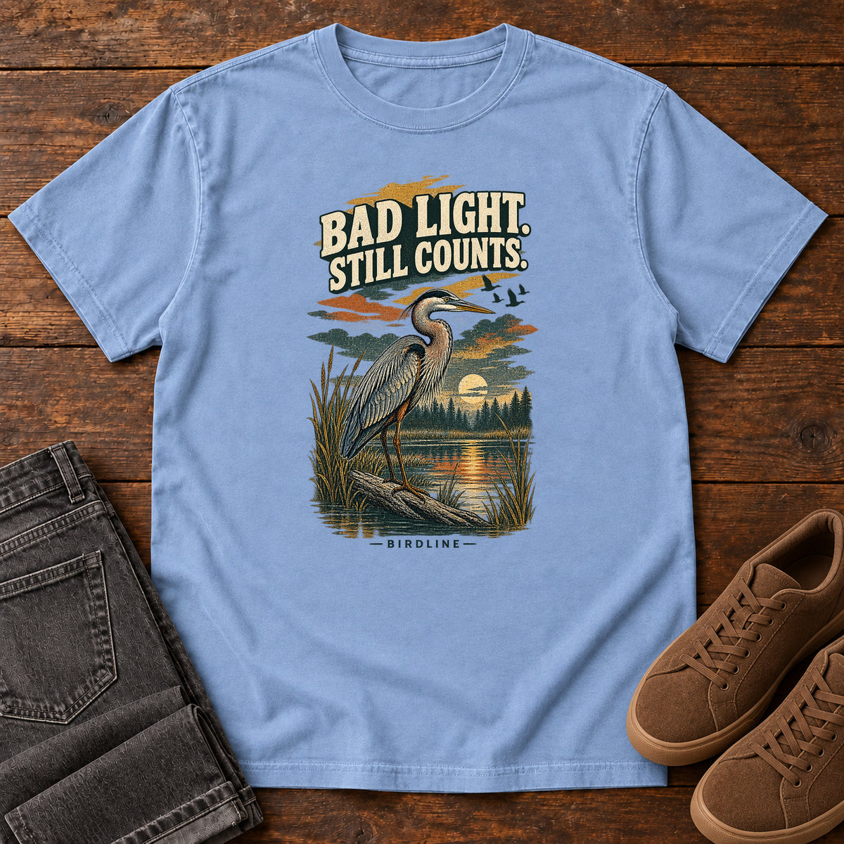 Bad Light Still Counts Heron T-Shirt in Washed Denim