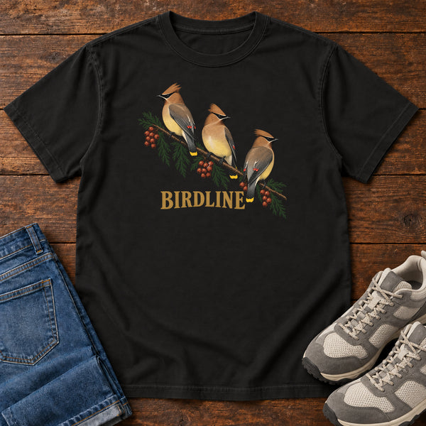 Cedar Waxwings Birdline T-Shirt in Black, front view