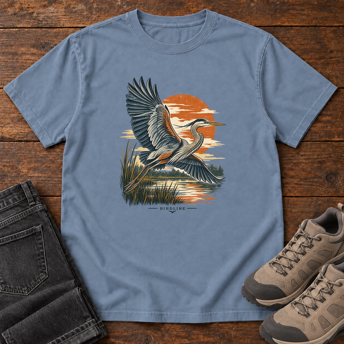 Heron in Flight T-Shirt – Sunset in Blue Jean