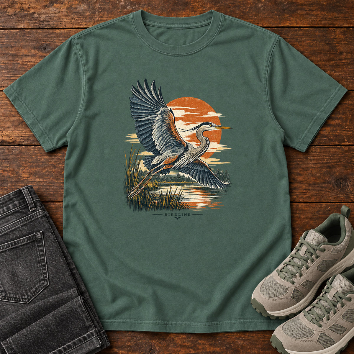 Heron in Flight T-Shirt – Sunset in Blue Spruce