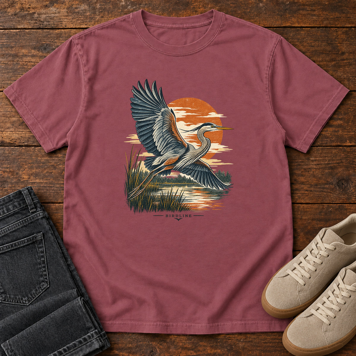 Heron in Flight T-Shirt – Sunset in Brick