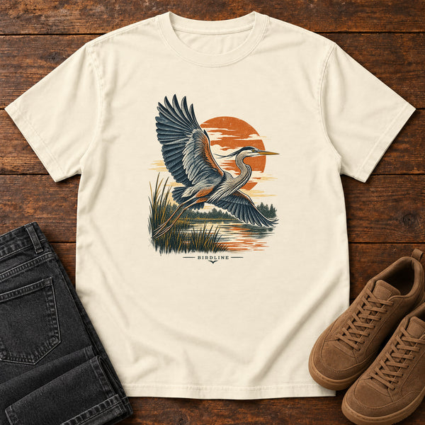 Heron in Flight T-Shirt – Sunset in Ivory, front view