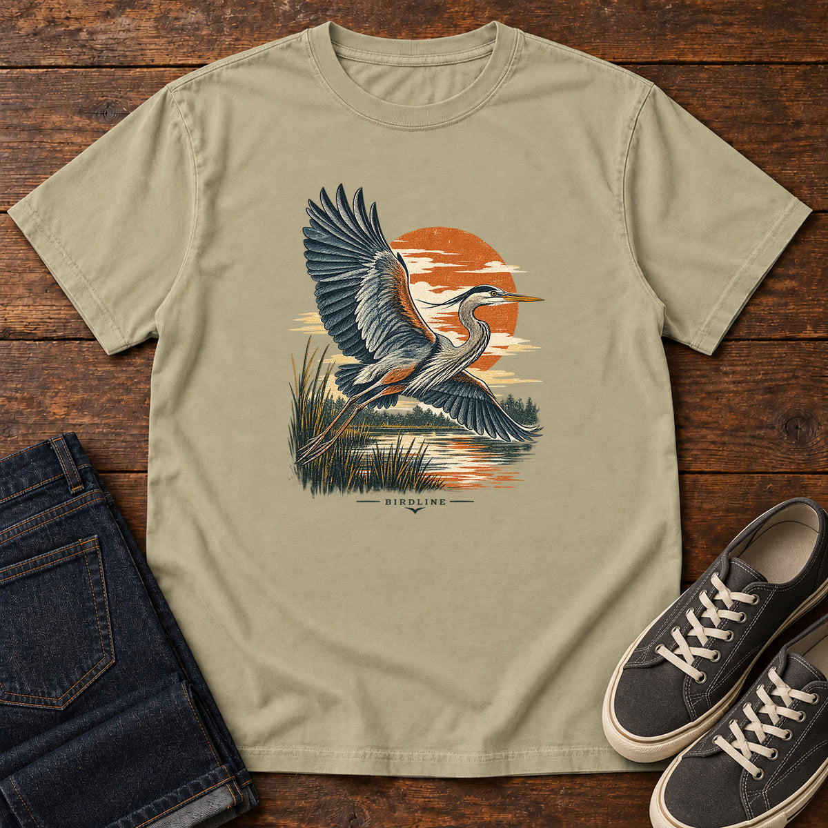 Heron in Flight T-Shirt – Sunset in Khaki