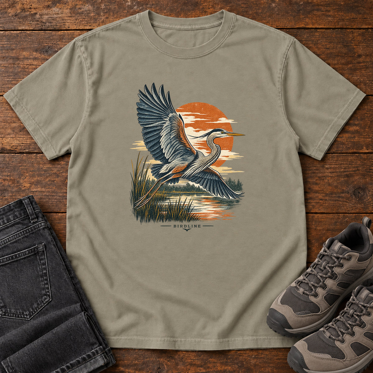 Heron in Flight T-Shirt – Sunset in Sandstone