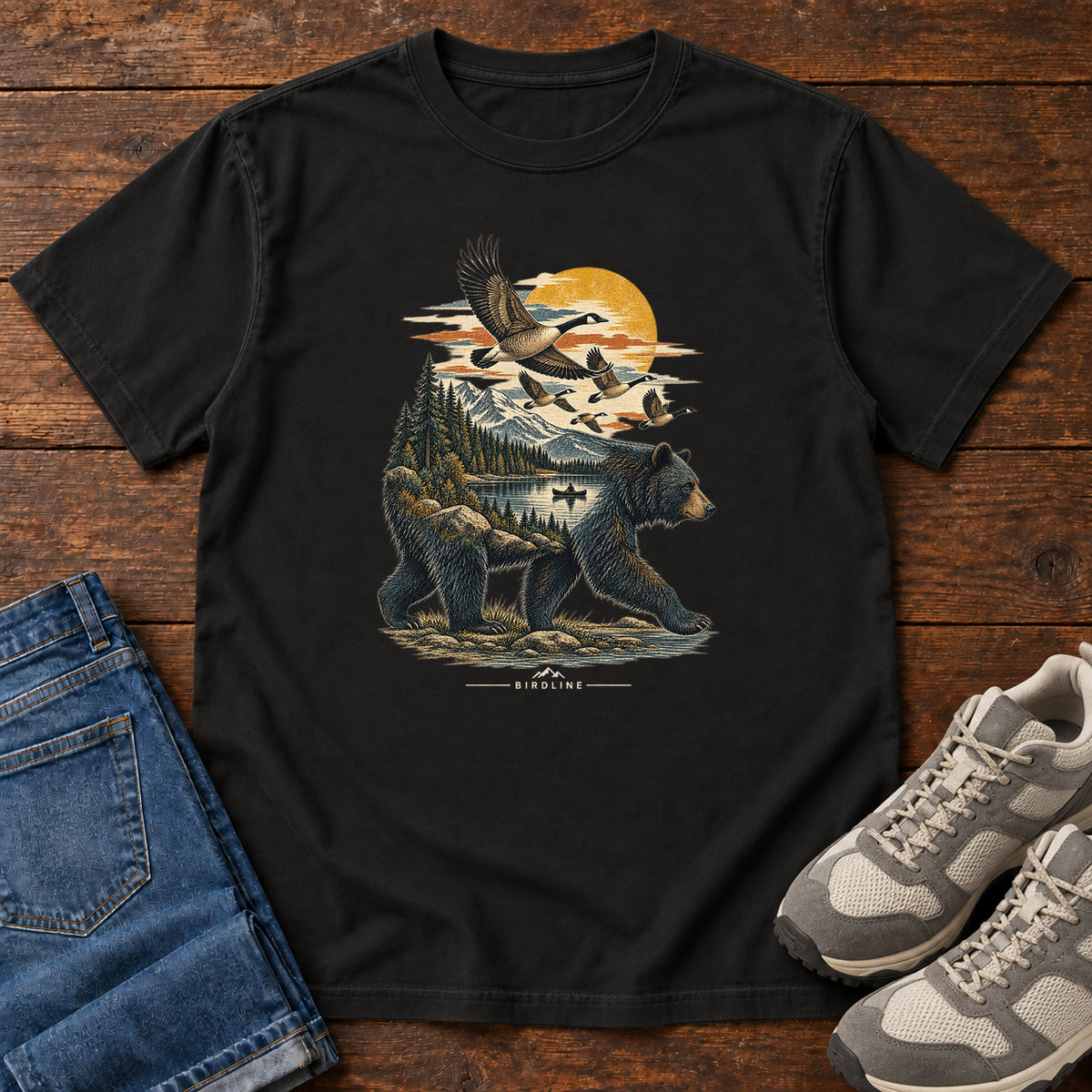 Bear and Geese T-Shirt in Black