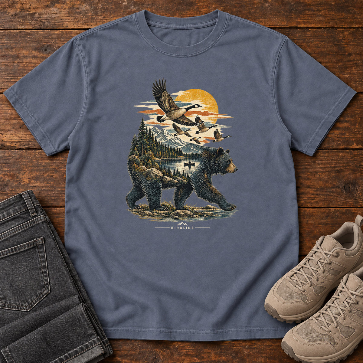 Bear and Geese T-Shirt in Denim