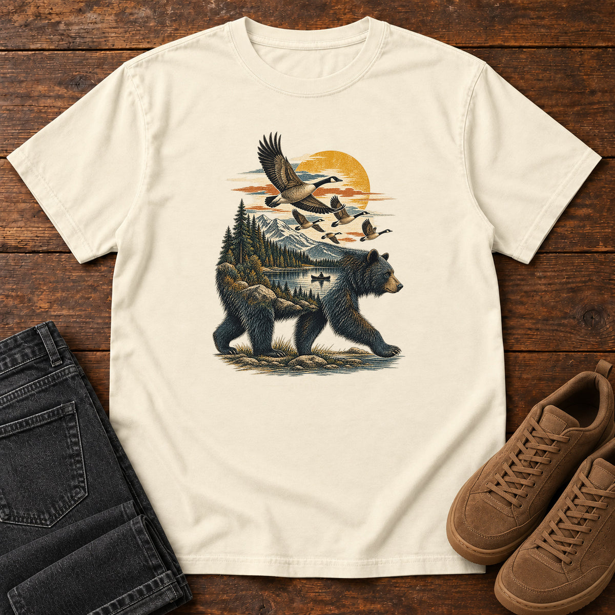 Bear and Geese T-Shirt in Ivory