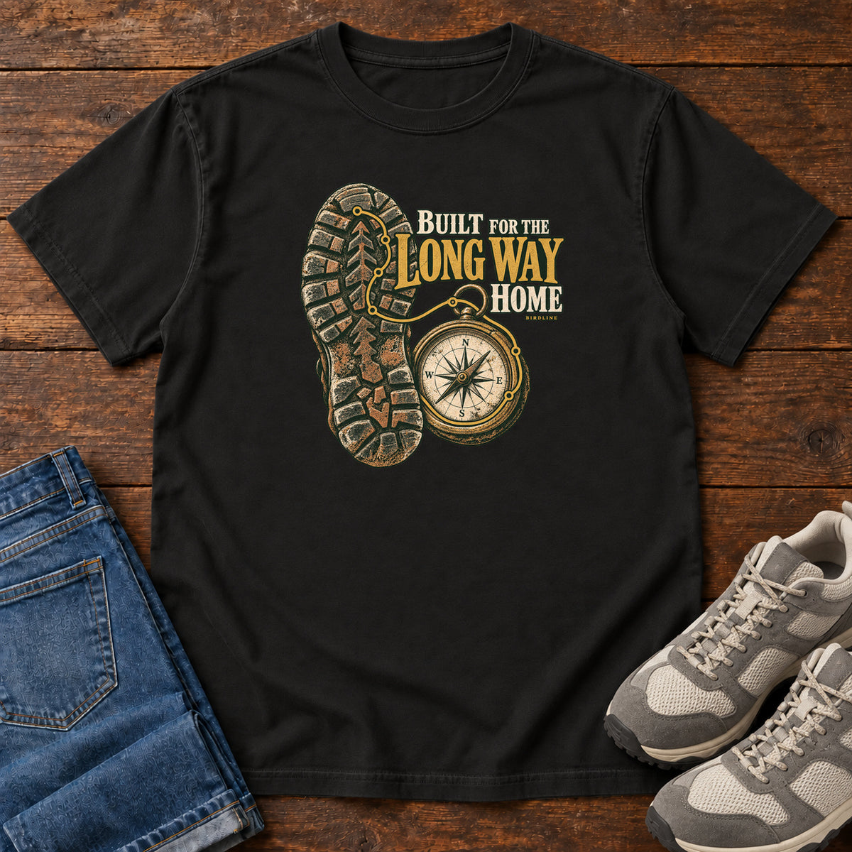 Built for the Long Way Home T-Shirt in Black, front laid flat on wood, featuring a rugged boot sole beside a round compass and cream-and-gold slogan lettering.