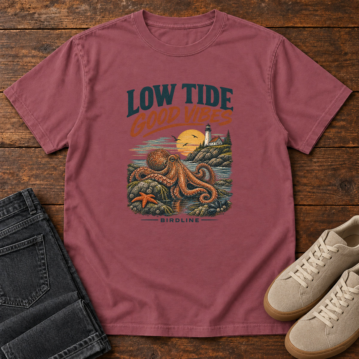 Low Tide Good Vibes Octopus T-Shirt in Brick