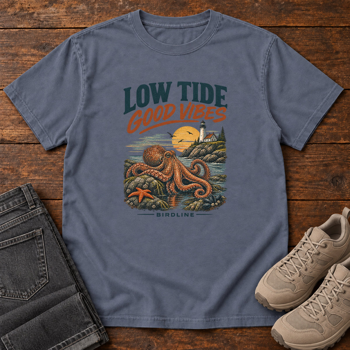 Low Tide Good Vibes Octopus T-Shirt in Denim
