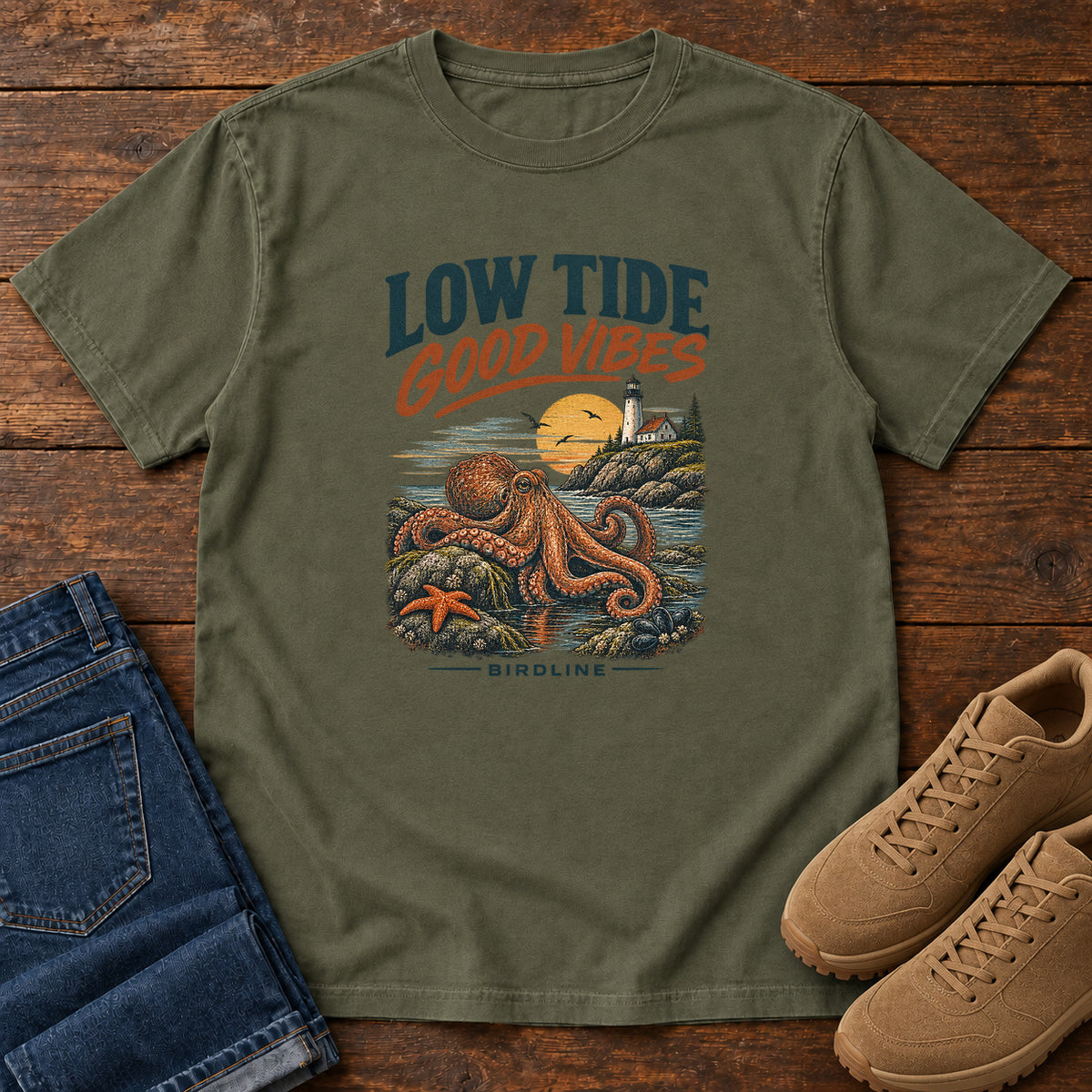 Low Tide Good Vibes Octopus T-Shirt in Sage
