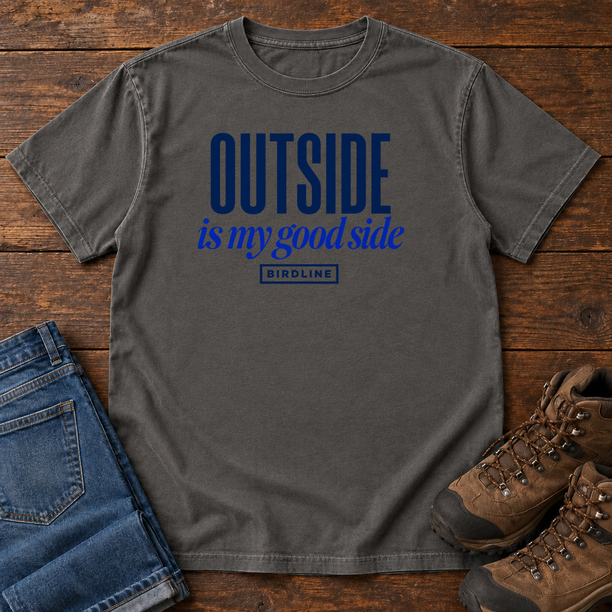 Pepper Outside Is My Good Side T-Shirt with dark blue block-and-script lettering, front flat lay on wood.