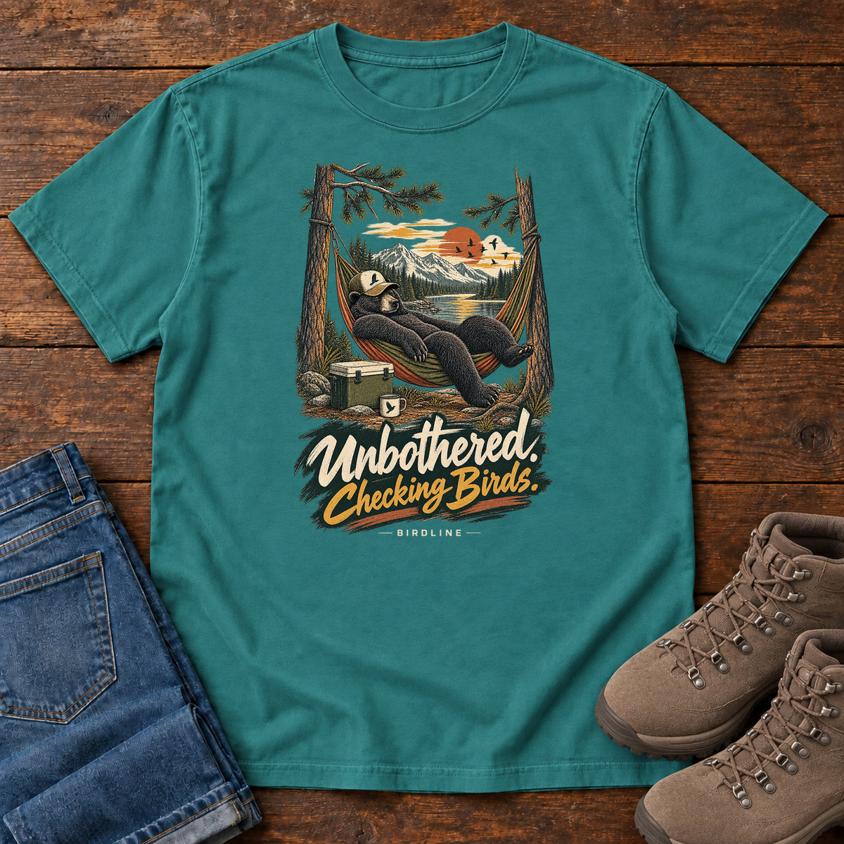 Unbothered Checking Birds Bear Hammock T-Shirt in Emerald