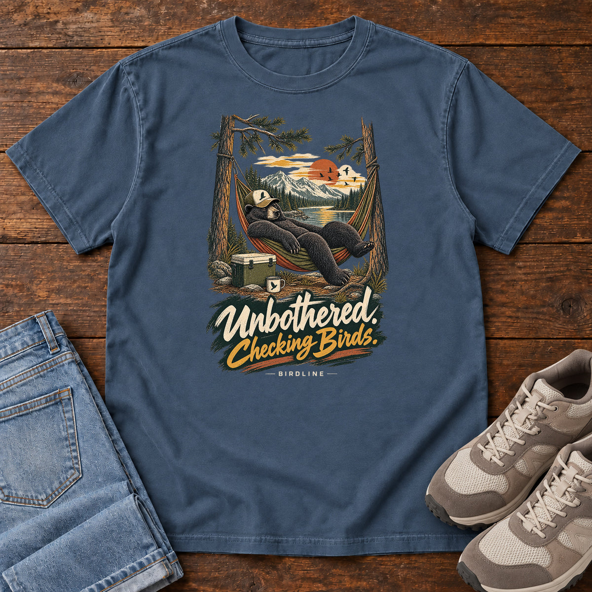 Unbothered Checking Birds Bear Hammock T-Shirt in Midnight