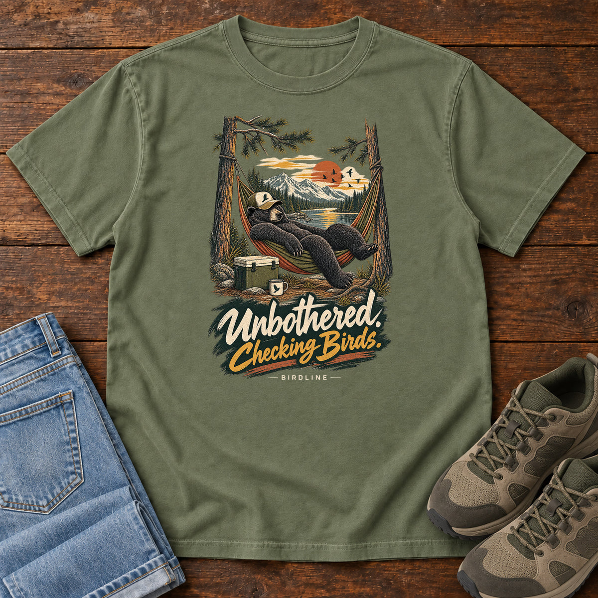 Unbothered Checking Birds Bear Hammock T-Shirt in Moss