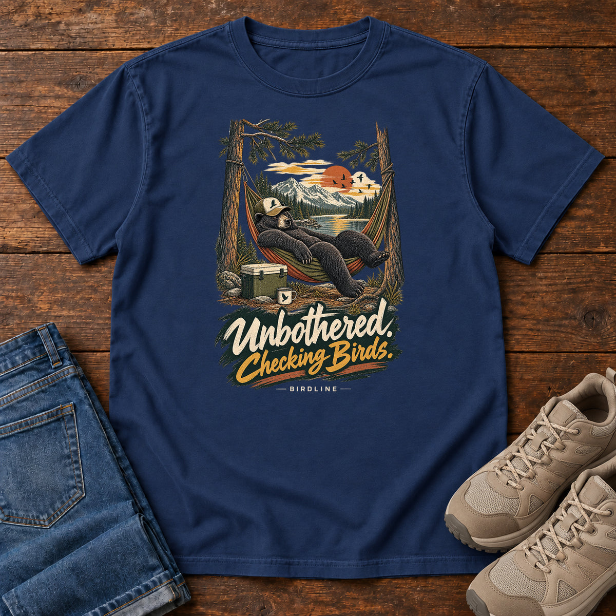 Unbothered Checking Birds Bear Hammock T-Shirt in True Navy