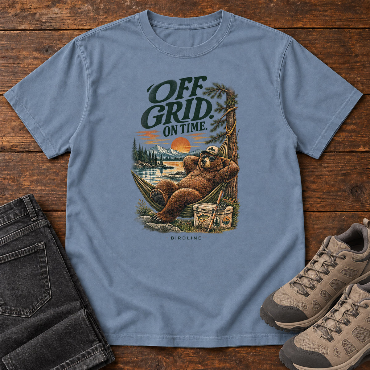 Off Grid on Time Bear Hammock T-Shirt in Blue Jean