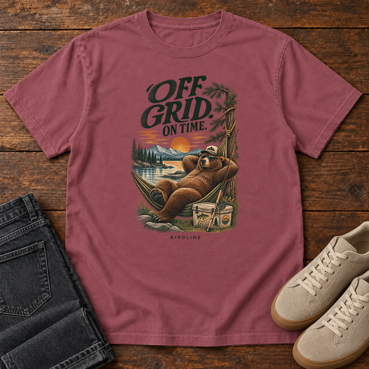Off Grid on Time Bear Hammock T-Shirt in Brick