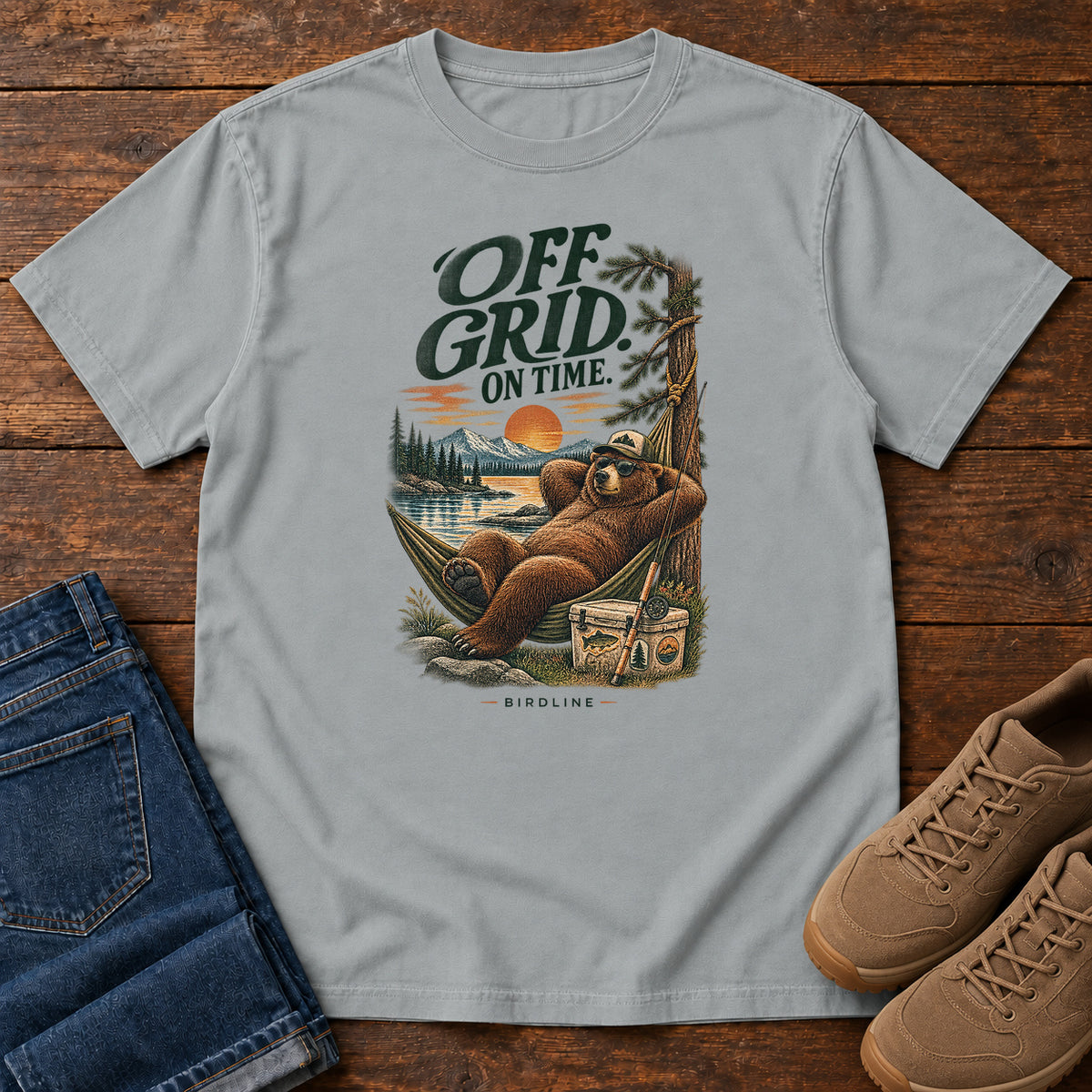 Off Grid on Time Bear Hammock T-Shirt in Granite