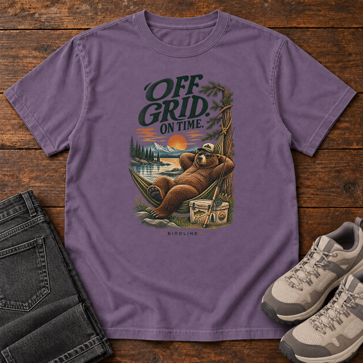 Off Grid on Time Bear Hammock T-Shirt in Grape
