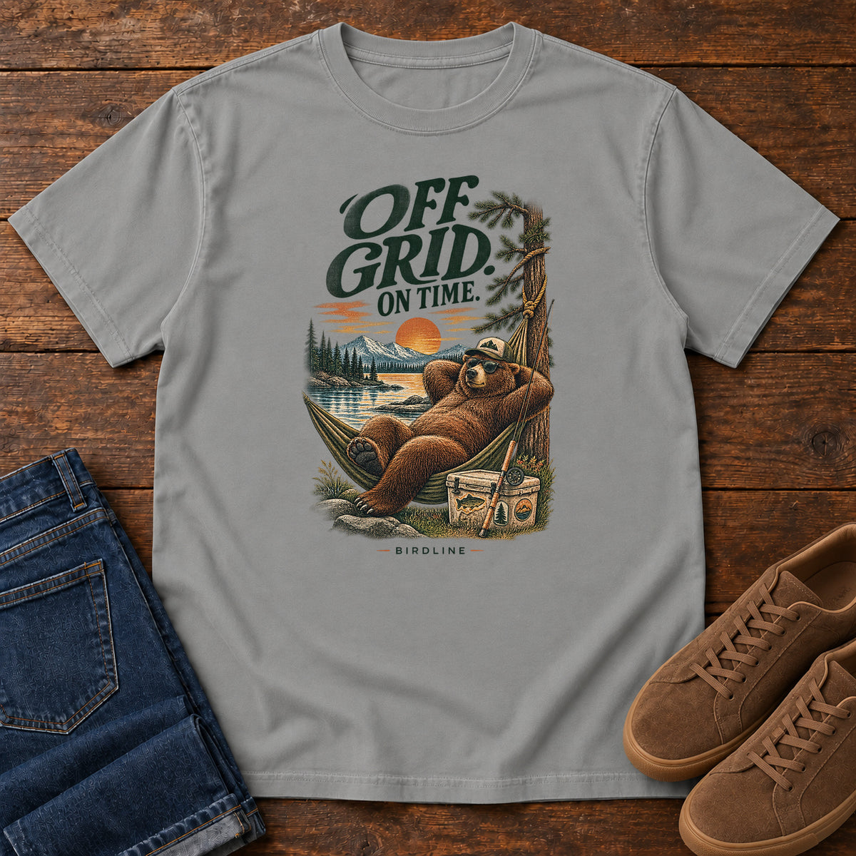Off Grid on Time Bear Hammock T-Shirt in Grey