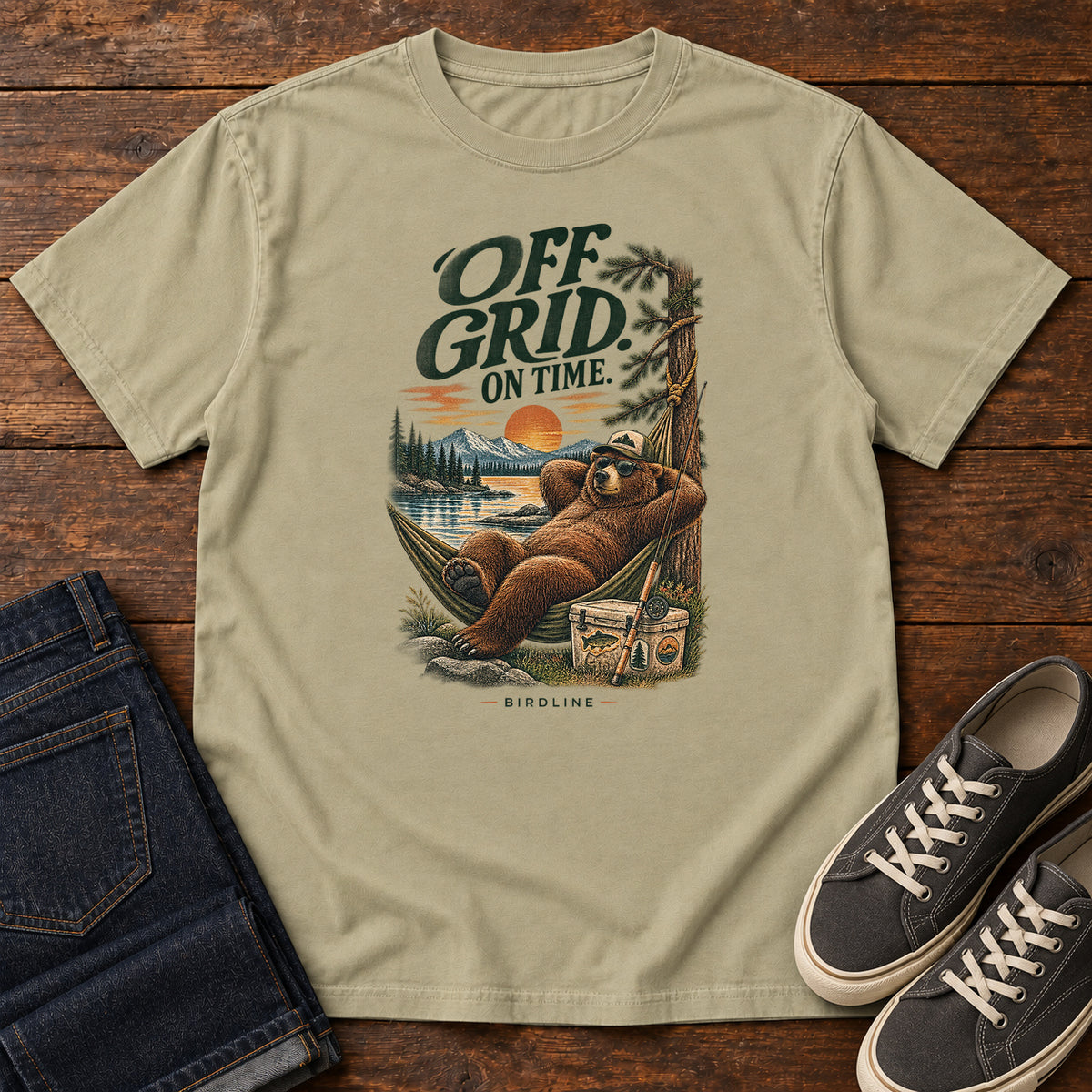 Off Grid on Time Bear Hammock T-Shirt in Khaki