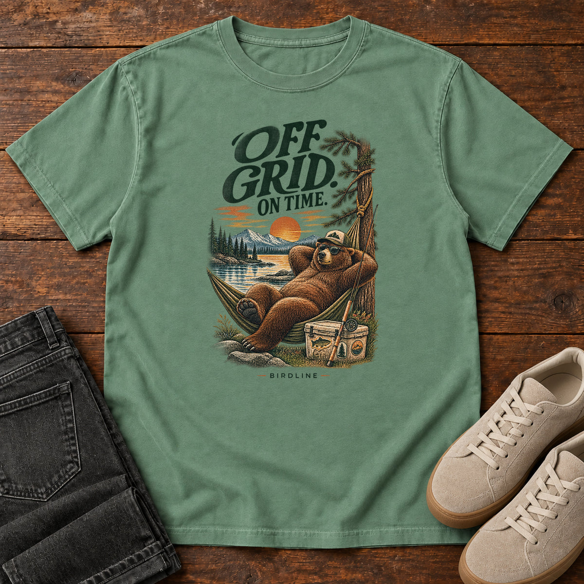 Off Grid on Time Bear Hammock T-Shirt in Light Green