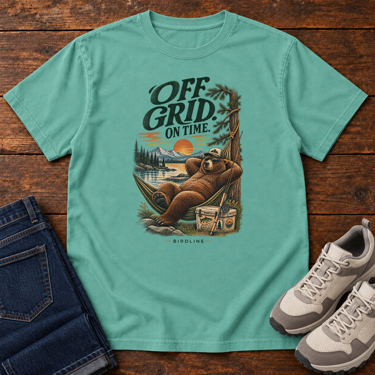 Off Grid on Time Bear Hammock T-Shirt in Seafoam