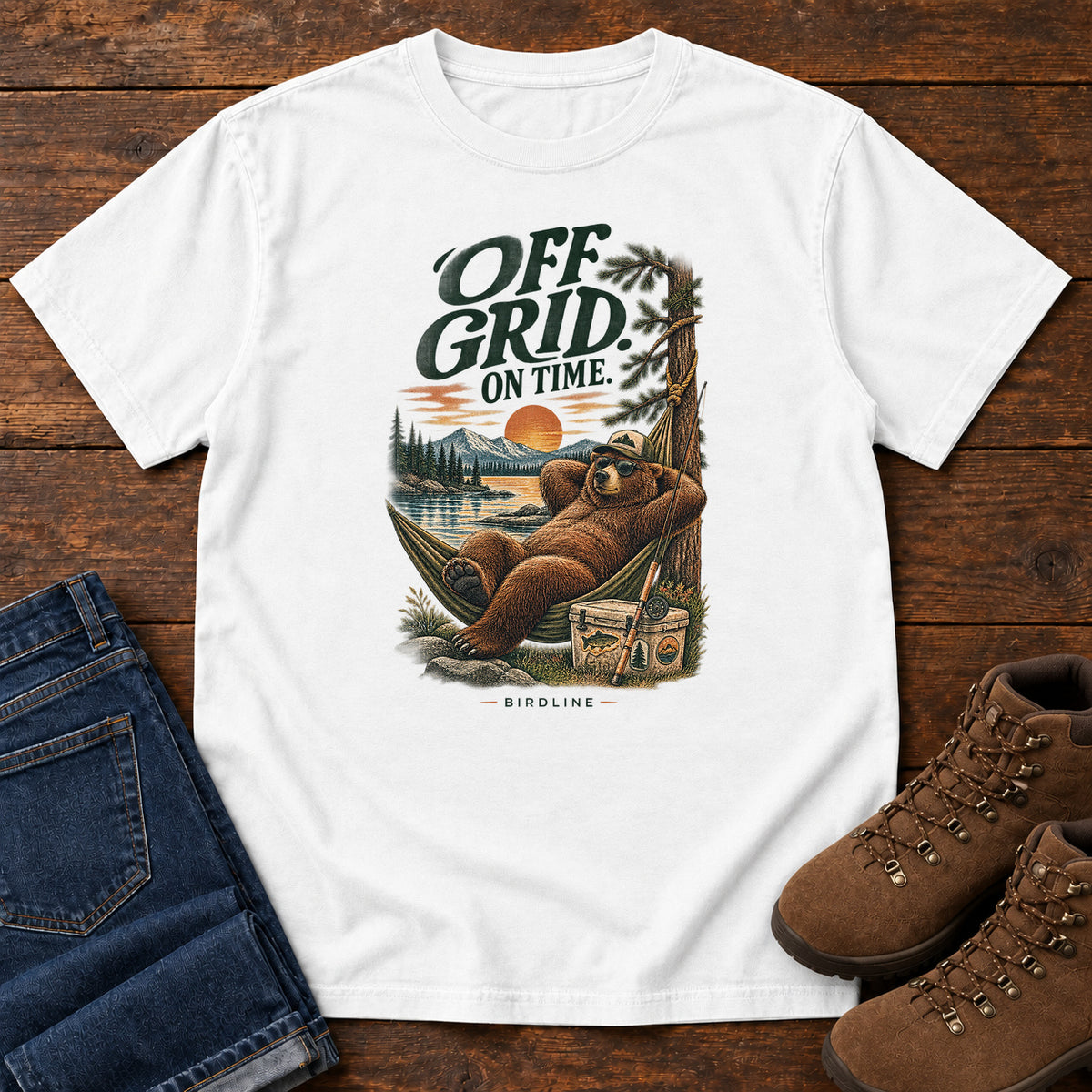 Off Grid on Time Bear Hammock T-Shirt in White