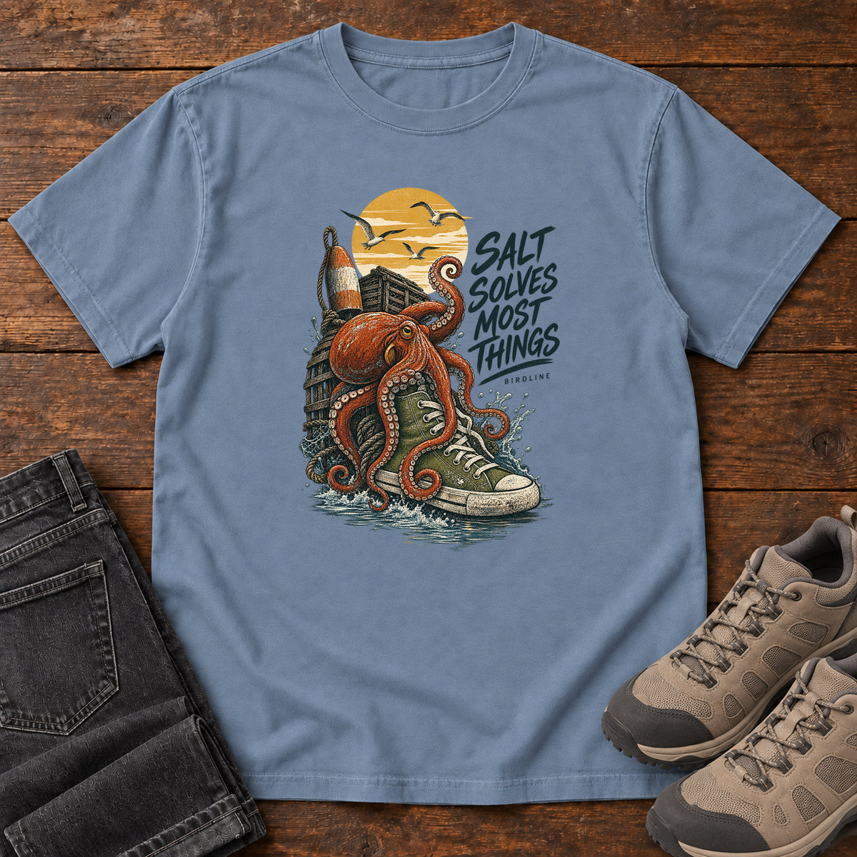 Salt Solves Most Things Octopus Boot T-Shirt in Blue Jean