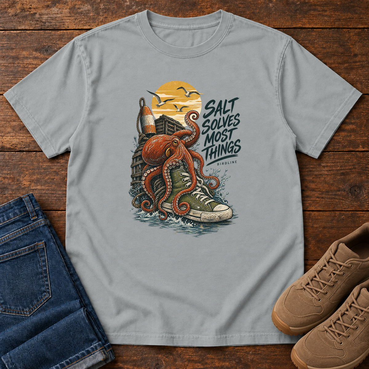 Salt Solves Most Things Octopus Boot T-Shirt in Granite