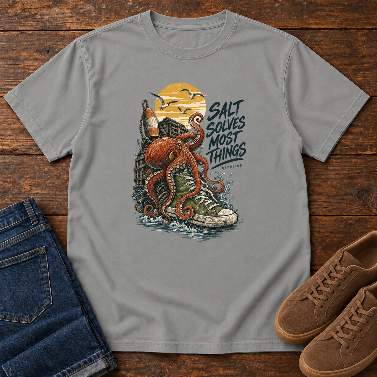 Salt Solves Most Things Octopus Boot T-Shirt in Grey