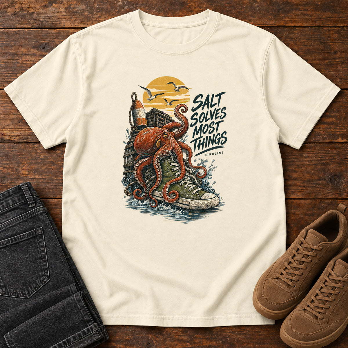 Salt Solves Most Things Octopus Boot T-Shirt in Ivory