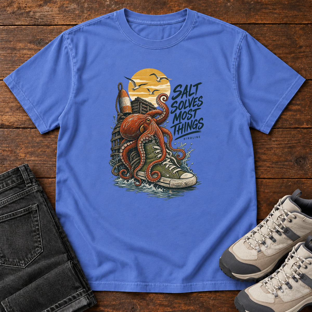 Salt Solves Most Things Octopus Boot T-Shirt in Mystic Blue