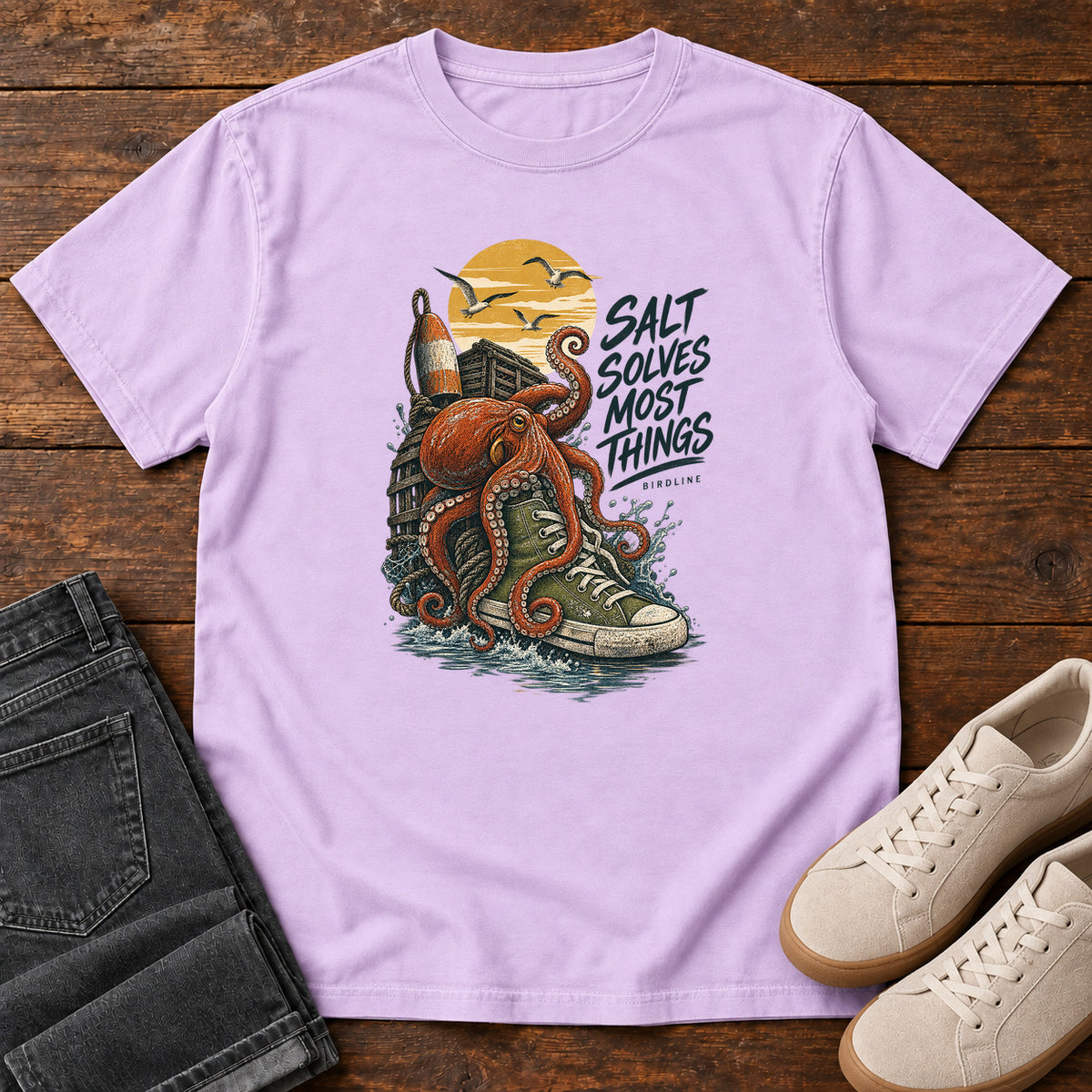 Salt Solves Most Things Octopus Boot T-Shirt in Orchid