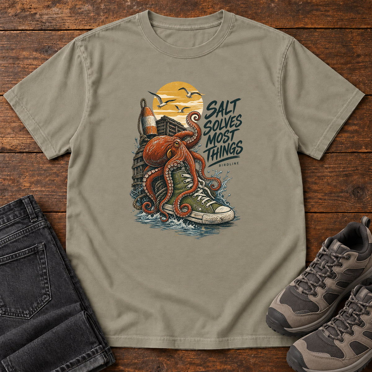 Salt Solves Most Things Octopus Boot T-Shirt in Sandstone
