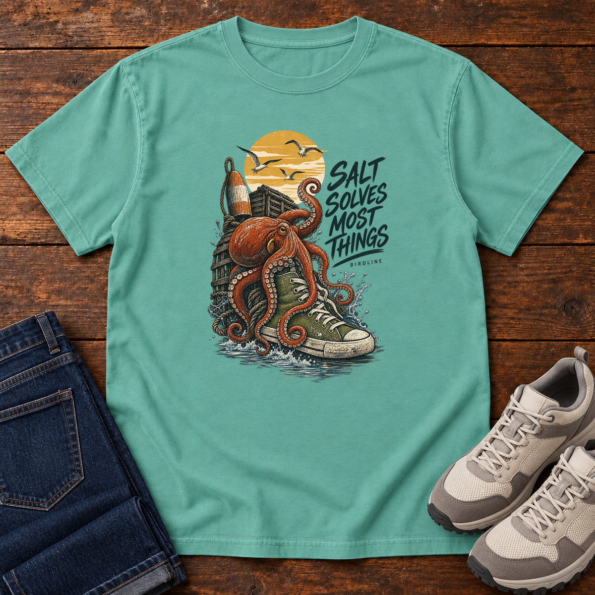 Salt Solves Most Things Octopus Boot T-Shirt in Seafoam