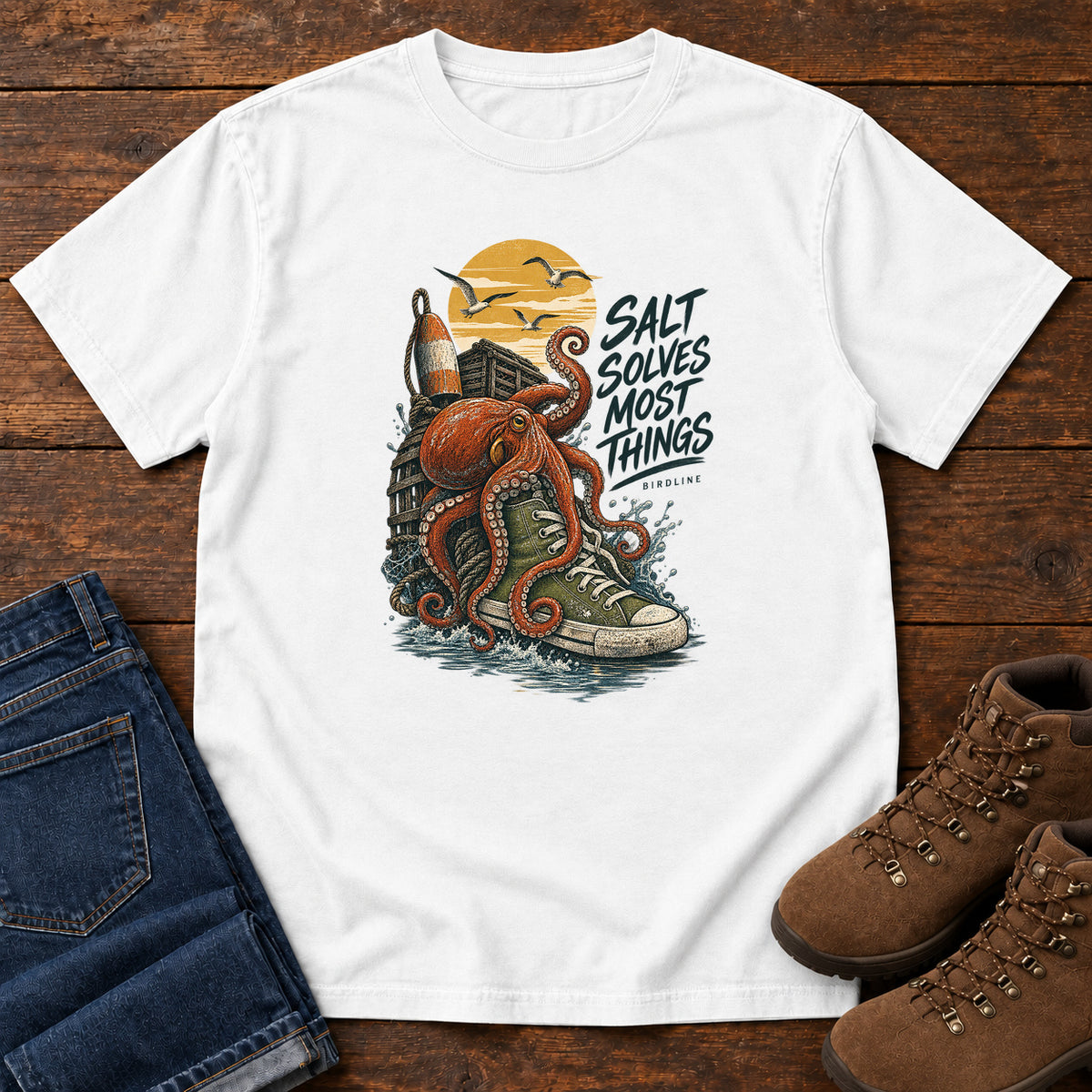 Salt Solves Most Things Octopus Boot T-Shirt in White