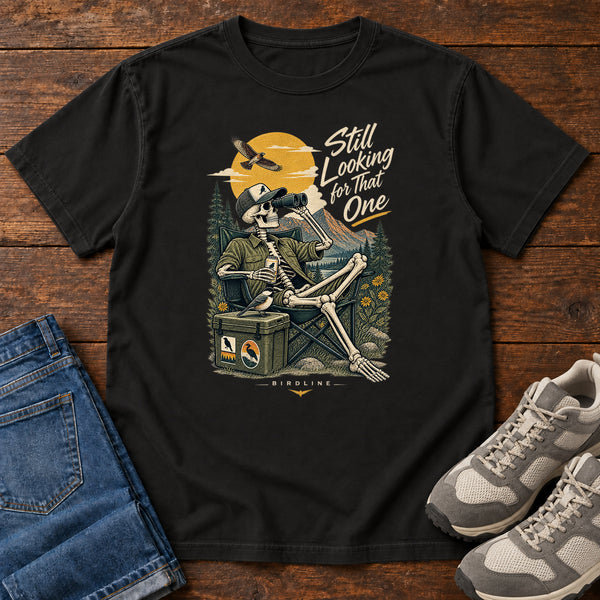 Still Looking for That One Skeleton Birdwatcher T-Shirt in Black, front view