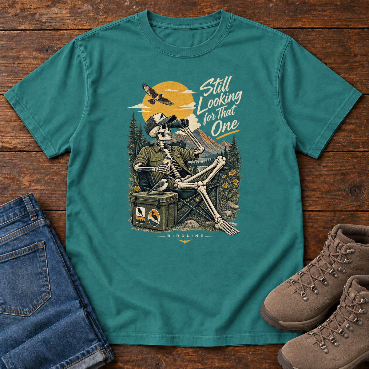Still Looking for That One Skeleton Birdwatcher T-Shirt in Emerald