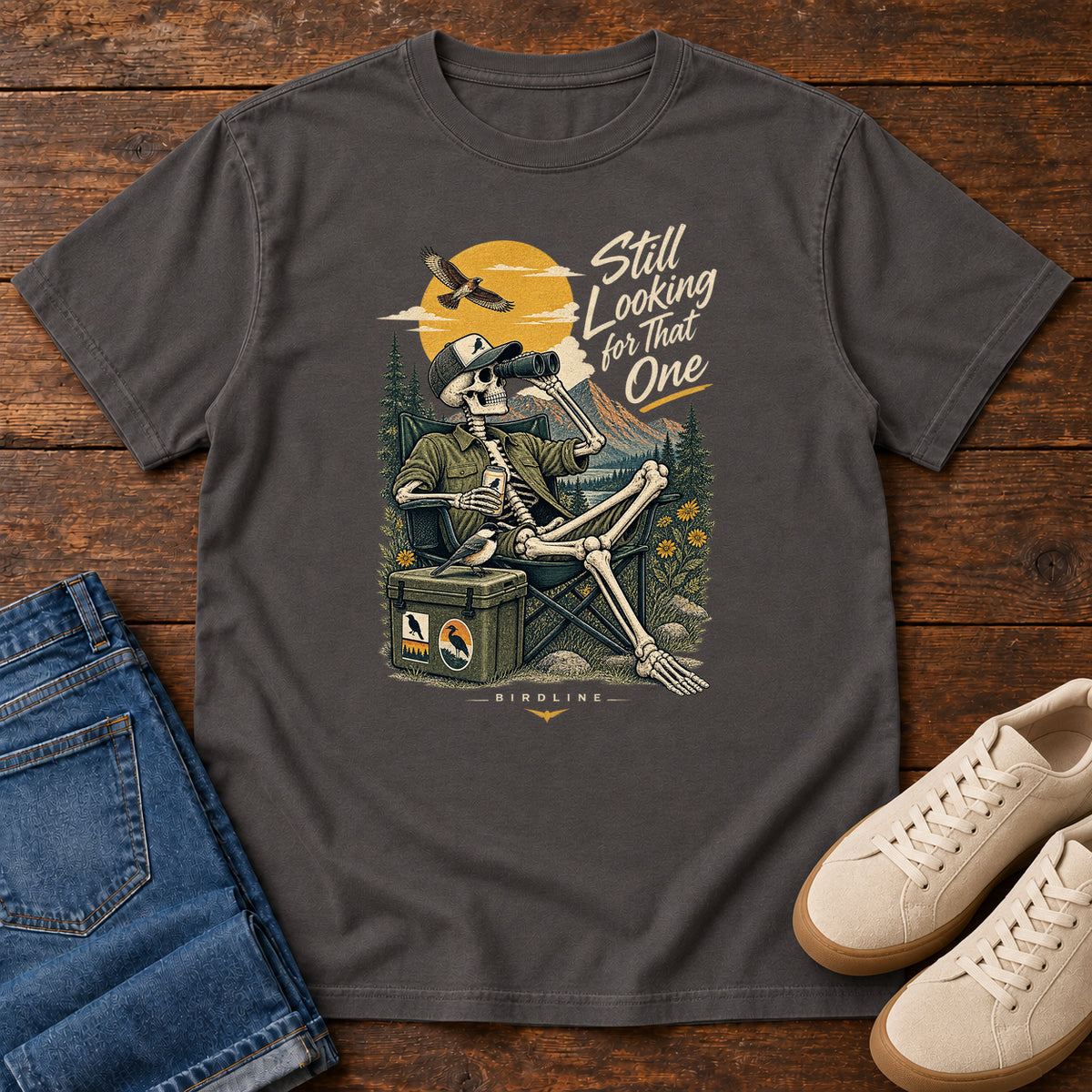 Still Looking for That One Skeleton Birdwatcher T-Shirt in Graphite