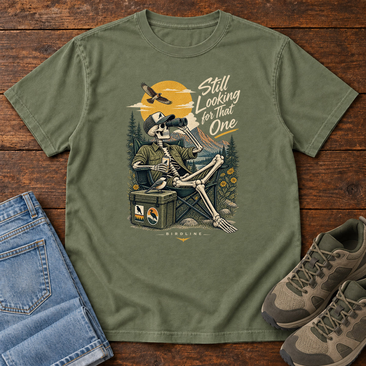 Still Looking for That One Skeleton Birdwatcher T-Shirt in Moss