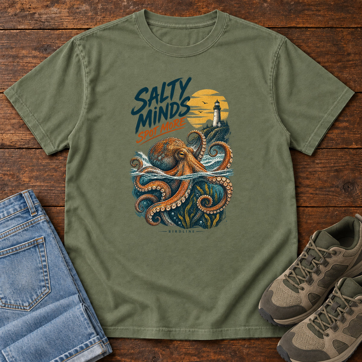 Salty Minds Spot More Octopus T-Shirt in Moss