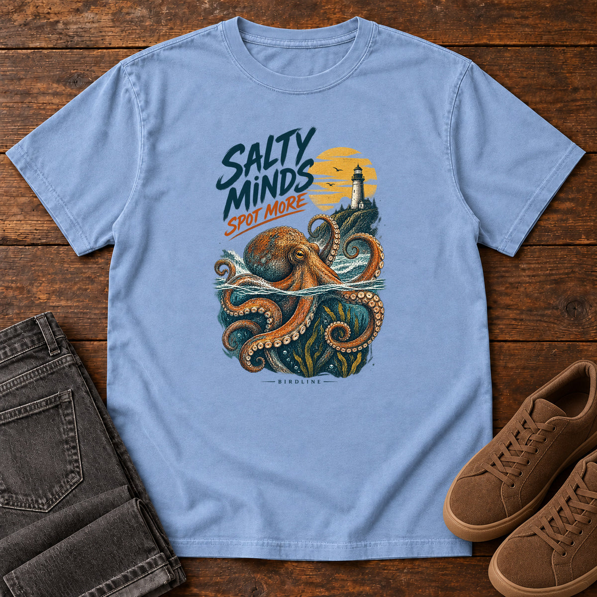 Salty Minds Spot More Octopus T-Shirt in Washed Denim