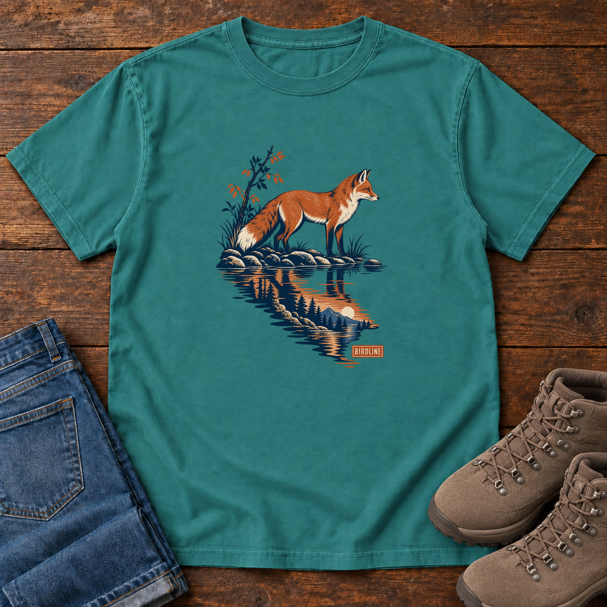 Emerald Fox Reflection T-Shirt with an orange fox beside water reflecting pine trees, front flat lay on wood.